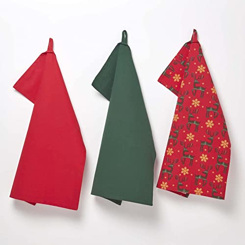 Homescapes 3er-Set Weihnachts-Geschirrtücher Rentier rot-grün, 3 Küchentücher aus 100% Baumwolle, saugfähige Geschirrhandtücher mit Weihnachts-Deko