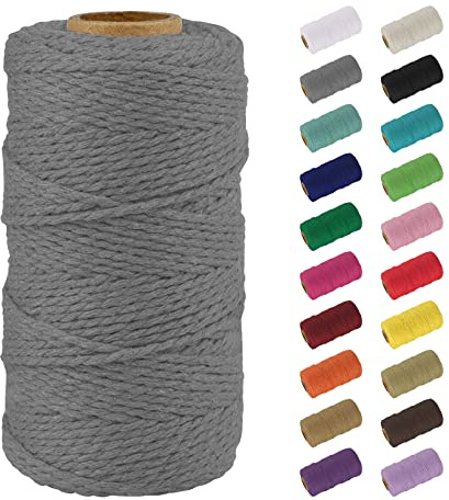 Uiopa Makramee Garn 2mm x 100m, Natürliche Makrameegarn Farbig Baumwollgarn Weiches Baumwollkordel, Natur Baumwollseil für DIY Wandbehang, Hängepflanze, Geschenkverpacken, Gärtnern (Grau)