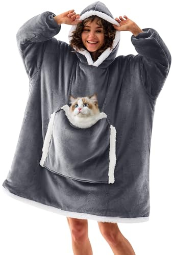JOYWOO Wearable Blanket Hoodie, Birthday Gifts for Women Men Mom, Oversized Hooded Blanket for Adult, Cozy Fuzzy Sherpa Sweatshirt Blanket with Giant Pocket and Valentines Day Gifts,Grey