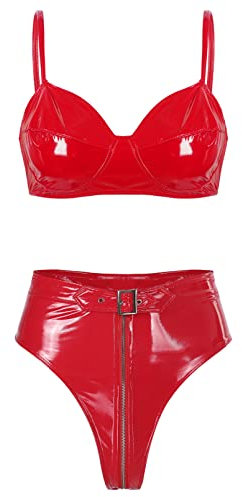 dPois Damen Wetlook Dessous Set Neckholder BH Top Weste mit Shorts/Rock Hotpants Minirock Eng Lack Leder Party Gogo Club Wear Rot B XL