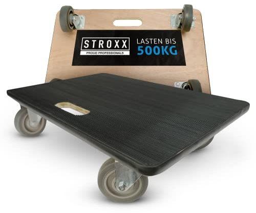 STROXX – 4X Transportroller mit 2000KG (500kg pro Roller) Traglast (600 x 400 x 145mm) – Rollbrett mit rutschfestem Gummibelag – Möbelroller für Umzug & sperrige Gegenstände