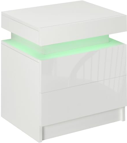 HOMCOM Comodino Camera da Letto LED 2 Cassetti 45x35x52 cm Bianco Lucido | 16 Colori, 4 Modalità, Comodino Moderno