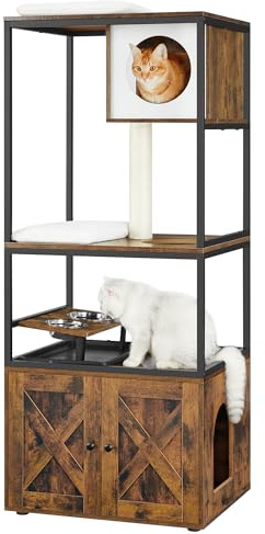Feandrea Arbre à Chat, Maison pour Chat avec Cache-litière, Gamelles Surélevées, Poteau à Griffer en Sisal, Tapis Lavables, Marron Rustique PCT312X01