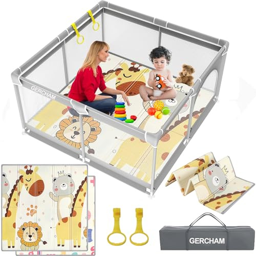 GERCHAM Laufstall Baby, 120x120cm Laufgitter Baby mit Spielmatte, Laufstall Faltbar mit Schaum Matte, Kinder Laufgitter mit Atmungsaktivem Netz an Vier Seiten und Saugnäpfen