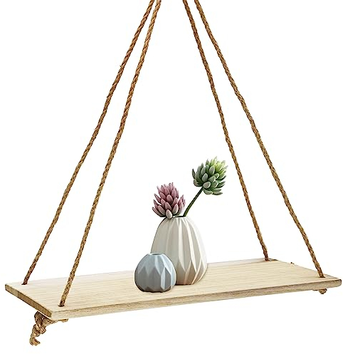FuninCrea Estante Colgante de Madera, 35 x 14 x 1 cm Estantes Flotantes de Madera con Cuerda para Pared Decorar, Rústicos Estante Flotante Colgante de Maderas Multiusos para Baño, Cocina (Beige)