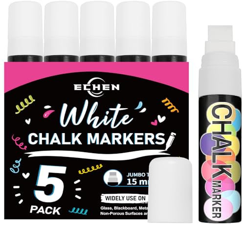 5 Pack Washable Window Markers for Cars, 15mm White Jumbo Liquid Chalk Markers, 3 in 1 Nib, Metallic & Neon Paint Glass Pen for Auto, Chalkboard, Blackboard, Bistro, Menus and Any Non-Porous Surface