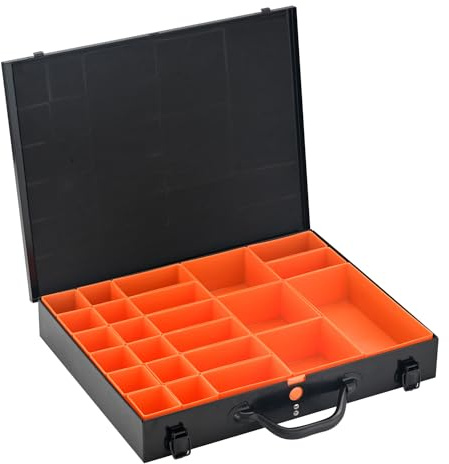 ALUBOX Sortimentsbox Kleinteilekoffer Stahlblech pulverbeschichtet mit 24 Einsatzkästen - 44,5 x 35 x 7 cm - schwarz