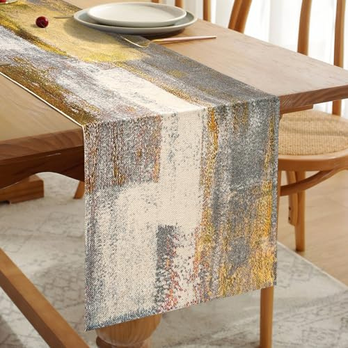 Linen Table Runner Retro Oil Painting Pattern Tablecloth Yellow and Grey Table Decorative Cloth for Kitchen, Coffee Table, Holiday Parties, Wedding, Events Dinner, Home Decor 33 cm x 183 cm