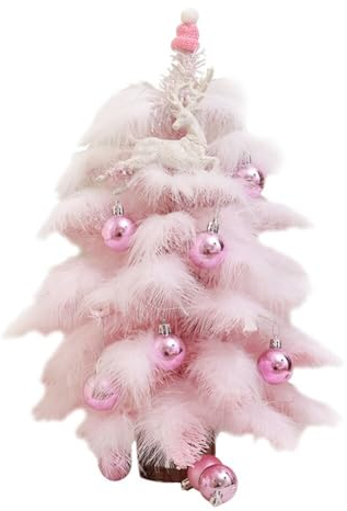 Uposao Künstlicher Weihnachtsbaum mit Beleuchtung Kleiner Christbaum Beleuchtet Modellbäume Rosa Feder Baum Weihnachtsschmuck Desktop mit Weihnachtskugeln LED Lichterkette Zimmer Dekoration 45CM