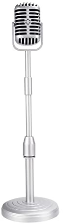 Dedjgoo Vintage Desktop Microphone Prop Model with Adjustable Height, Classic Retro Style Microphone Stand Mic Prop,Silver