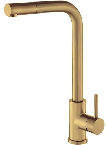 VALAZ Grifo Cocina Extraible Dorado Cepillado Protección PVD Serie Amur | Grifos Cocina Fregadero | Alta Presión, Monomando, Giratorio, Ahorro de Agua | Instalación Fácil | Latón, Acero Inoxidable