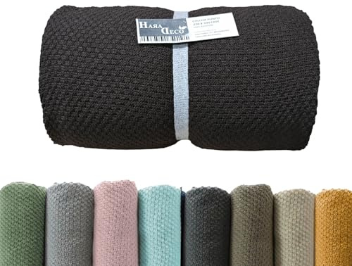 HaraDeco Manta de Punto Plaid Sofá Multiuso Pie de Cama 100% Algodón | Reciclado, Cubre Sofá Sillón con o sin Pompones Decorativa Tacto Suave, Cubrecama Elegante Estilosa Fabricado Nacional