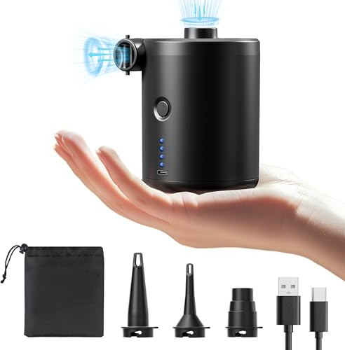 QPAU Pompa Elettrica, 5000mAh Pompa Elettrica per Materasso Gonfiabile, Gonfiatore Sgonfiatore a Riempimento Rapido Gonfiatore Elettrico Portatile con 3 Ugelli per Materassino Campeggio (Nero)
