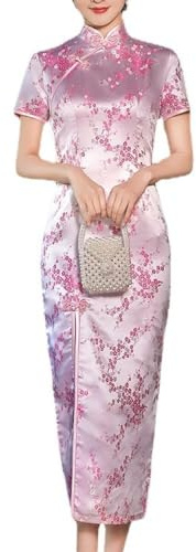 Femmes Traditionnelles Chinoises Longues Cheongsam Fleur De Prunier Rose Robe De Soirée Cheongsam De Demoiselle d'honneur, Rose, XXL