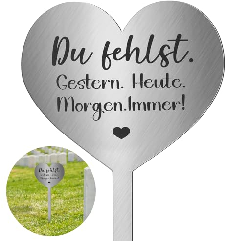 Photect Grabstecker Metall Herz mit Spruch du Fehlst.GESTERN. HEUTE. MORGEN. IMMER! Herz Grabdekoration Wetterfest Frostbeständig Grabschmuck zum Erinnerung Andenken Dekoherz Trauer