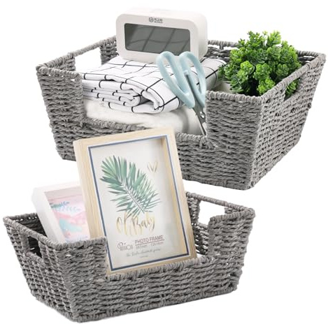 Körbe Aufbewahrung Geflochten zum Organisieren, 2er Set Rattankorb aus Gewebtem, Aufbewahrungskörbe für Regale, Stapelbar Flechtkörbe, Arbeitsplatte Regal Schrank Organizer, Papierseil Grau