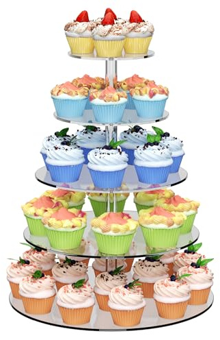 5 Tier Round Cupcake Stand for 50 Cupcakes Acrylic Cupcake Tower | Clear Dessert Table Display Stands for Wedding Anniversary Bridal Shower