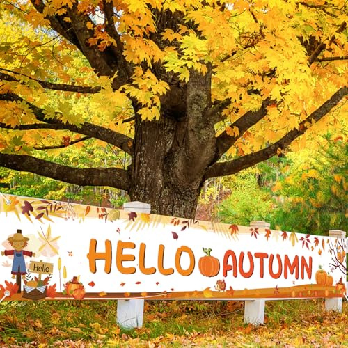 HONMOK Autumn Decorations, Hello Autumn Banner with Maple Leaves Pumpkin for Autumn Home Decor, Autumn Harvest Garland Fall Festival Long Bunting Party Supplies for Garden Fence Lawn Photo Props