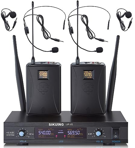 SIKUING Sistema de micrófono inalámbrico UHF de Doble Canal, 2x30 Frecuencias Ajustables, micrófono de Solapa y de Diadema para reuniones, Iglesias, Alcance de 300 pies (2 Bodypack)