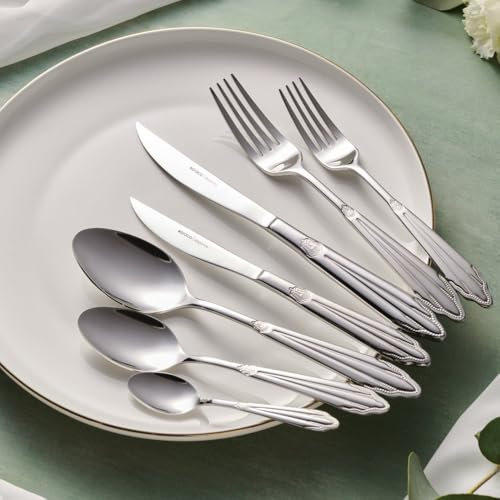 Karaca Mantilla 84-teiliges Besteck Set für 12 Personen - Edelstahl, Messer, Gabel, Löffel, glänzende Messer und Gabeln Küchenbesteck Set