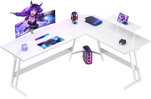 Devoko Bureau Gaming d'angle 170x130cm, Support Écran & Design L, Blanc | Surface Spacieuse pour Multi-Écrans, Support Moniteur Intégré, Structure Métallique Stable, Gaming & Télétravail, Shape en L