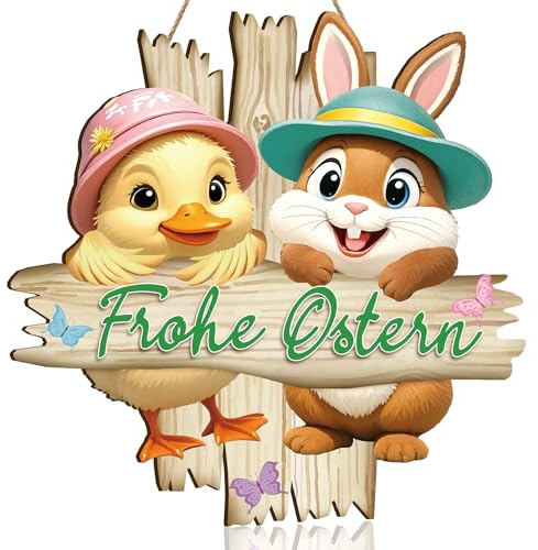 TOARTi Oster Geschenk Türschild Osterdeko mit Osterhase Schmetterlingen Frohe Ostern Hängedeko Schild Willkommen Frühling Deko Wandschild zum Aufhängen für Haustür Oster hase Küken