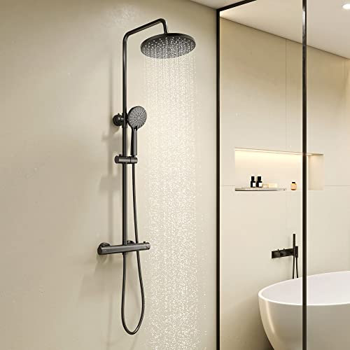 KOMIRO Duschsäule, Schwarz, Duschset mit Thermostat-Mischbatterie, höhenverstellbar, rund, Wandmontage, Badezimmer-Set
