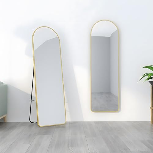 MIQU Bogen Standspiegel Ganzkörperspiegel 146 x 45 cm mit Ständer, Gold Matt Metall Rahmen Wandspiegel Lang Dekorative Groß Spiegel Wand Hänger für Flur, Wohnzimmer, Schlafzimmer