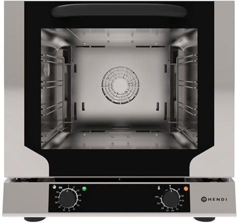 HENDI Heißluftofen, Compact, mit 4x Backbleche, mit 1 Lüfter, Temperaturbereich: bis 260°C, Überhitzungsschutz, Heißluft-Backofen, Umluftofen, Konvektionsofen, 230V/3300W, 590x709x(H)589mm, Edelstahl