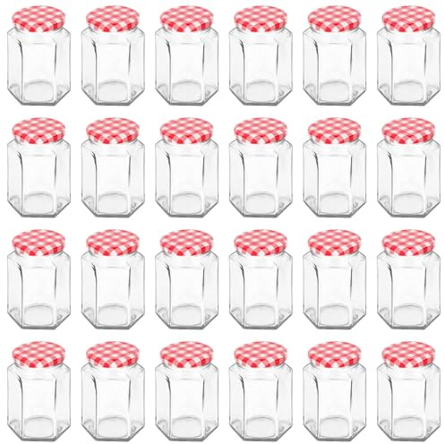 Argon Tableware 250ml Hexagonal Glass Jam Jars with Red Gingham Lids - 24x Empty Screw Top Kitchen Food Honey Spice Chutney Preserving Canning Storage Jar Container Glasses Set