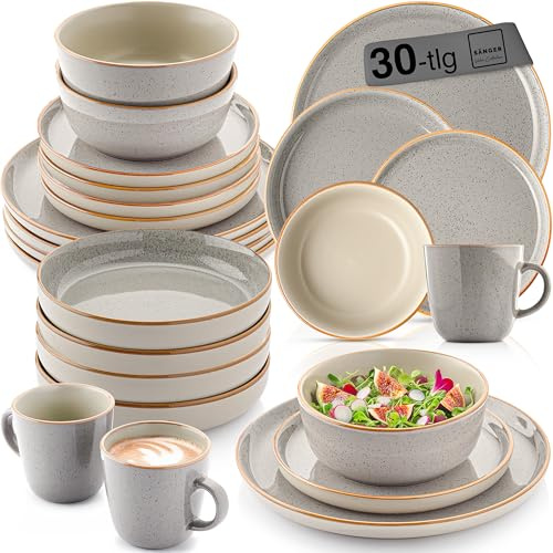 SÄNGER Rio Perlgrau Geschirrset 6 Personen, 30tlg Steingut Teller Set Grau | Kombiservice mit Pastateller, Frühstücksteller, Speiseteller & Kaffeebecher, spülmaschinen- & mikrowellengeeignet, kratzfest