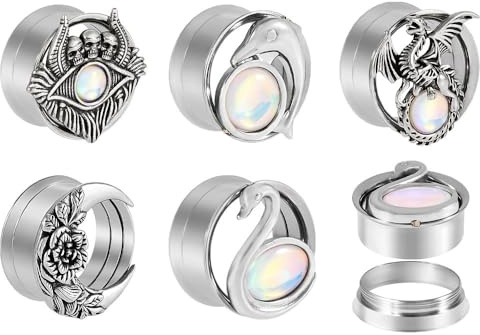 LGXLGX 1 Pair Stainless Steel Ear Tunnels Plugs - 8-25mm | Double-Flared Swan & Dolphin Design with White Sparkling Film | Secure Inner Tooth Ear Stretching Jewelry​(Devil's Eye,12mm)