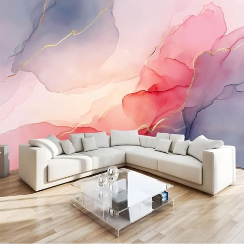 Generico Carta da Parati Panoramica 150 x 105 cm (L x A), Grigio Rosa Murales in Tessuto Non Tessuto - Elegante Oro Motivo Acquerello Fotomurale da Muro per Soggiorno Corridoio Ufficio