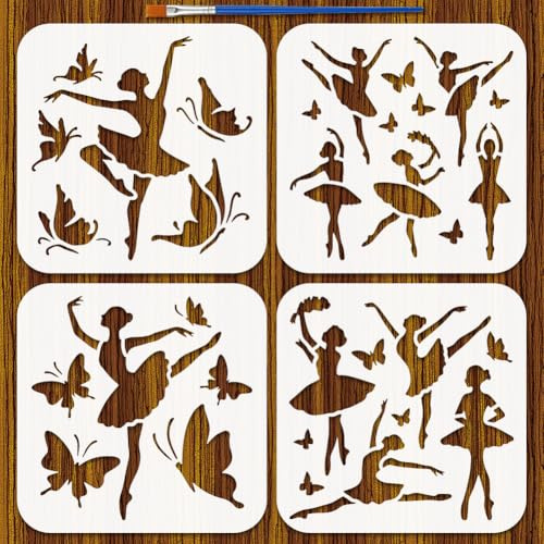 FINGERINSPIRE 4 Ballett Malschablone Mit Pinsel 15x15cm Silhouette Ballerina Schablone Vorlage Wiederverwendbare Kunststoff PET Schmetterlinge Schablonen Für Malerei Auf Holz Möbel Home Decor