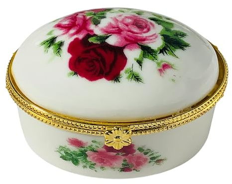 Petite boîte à bijoux ovale en porcelaine | Bouquet de roses roses | Boîte cadeau de style français avec pochette en velours