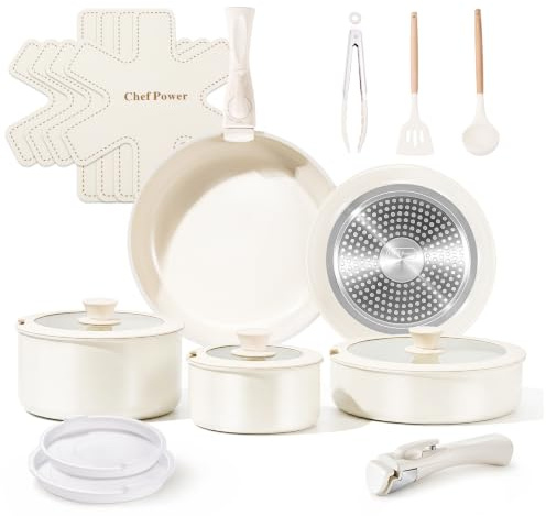 Chef Power 19-Piece Pots and Pans Set Non Stick, Induction Hob Pan Set with Detachable Handles, Ti-Ceramic Nonstick Stackable Cookware Kitchen Set, Dishwasher/Oven Safe, PFAS PFOA & PTFE Free, White