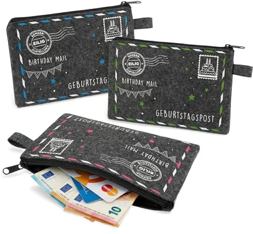 MIJOMA Filz Geschenktasche Geburtstagspost 3er Set – Geldgeschenk Verpackung für Gutscheine Karten Geld – Geburtstagskarte Ersatz mit Reißverschluss Schlaufe – dunkelgrau