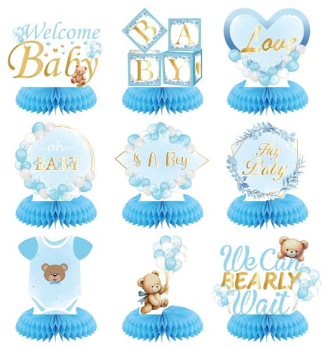 Bubaxuce 9 Stück Wir Können Kaum Warten Honigwabenträger Dekorationen für Jungen Babyparty Dekorationen Blaue Babyparty Tischdekorationen für Jungen Geburtstagsfeier