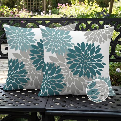 Ardjxue Set med 2 vattentäta kuddöverdrag, 45 x 45 cm, påfågelblå, dahliagråa, dubbelsidiga soffkuddar, moderna dekorativa kuddöverdrag för vardagsrum, soffa, trädgård, utomhus