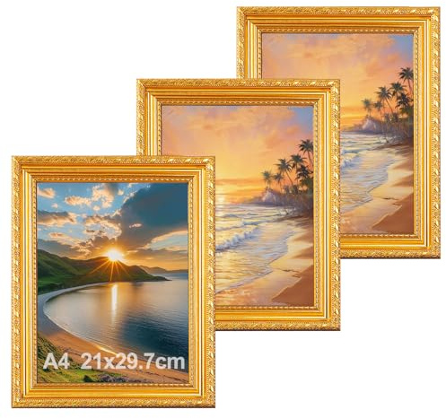 3er Set Bilderrahmen A4 Gold, 21x30CM, Leiste: 24x24MM, Vintage Rahmen mit Ständer und Wandaufhängung für Hoch und Querformat Bilderrahmen mit bruchsicherem Acrylglas für Wand oder Tischaufsteller