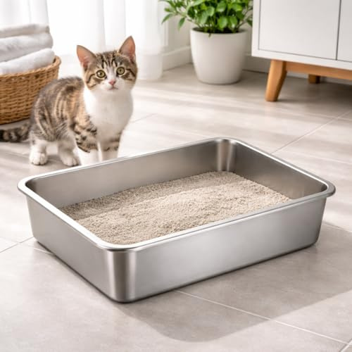 Stainless Steel Cat Litter Tray Metal Pan, Extra Deep High Sides, Heavy Duty Non-Porous Rust Proof Odor Control & Urine Proof Alternative to Plastic (1, SMALL- 40(L) x30(W) x10(H) cm)