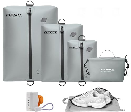 EULANT TPU Bolsas de Vacío de Ropa para Viaje con Bomba, Cubos de Embalaje de Compresión Reutilizable para Maletas/Equipaje/Mochila, Bolsas de Sellado al Vacío con Cremallera IPX8, Impermeable/Ahorra