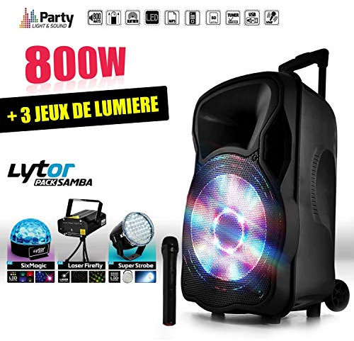 Enceinte Mobile Active 800W 15 LED/USB/BT/SD/FM + Micro + 3 Jeux de lumière LytOr