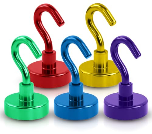 Magnetic Hook Set (5 Pack) – Super Strong Multicolored Heavy Duty Magnet Hooks for Hanging and Storage – Fridge Magnets - for Kitchen, Bathroom, Tools, Celling - Cruise Cabin Hooks Travel Accessories