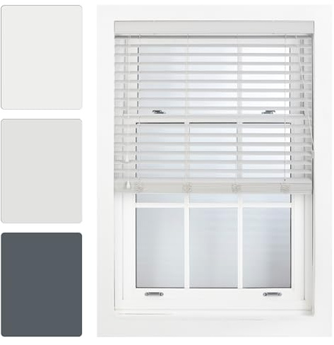 FURNISHED Grey Faux Wood Venetian Blinds 50mm Easy Fit Trimmable Child Safe Home Office Window Blinds, 45cm x 150cm