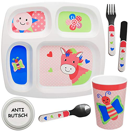 alles-meine.de GmbH 5 TLG. Set - Geschirrset - Pferd & Schmetterling - BPA frei - rutschfest - Babyteller - Trinktasse + Teller + Kinderbesteck - Kindergeschirr - Frühstücksset f..