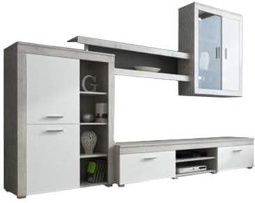 Arreditaly Parete Attrezzata Da Soggiorno Salotto Moderna Con Ante Mensole Vani A Giorno Vetrinetta Mobile TV Design Moderno Moduli Sospesi 293 x 193 x 50 Cm Bianco E Grigio Cemento