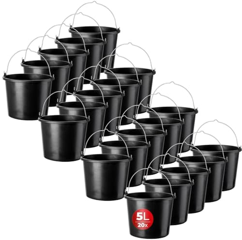 KADAX 20x Baueimer aus Kunststoff, 5l, Mörteleimer für Garten, Baustelle, Eimer mit Griff, Wassereimer, Stabiler Zementeimer, Mörtelkübel, Putzeimer, schwarz (20)