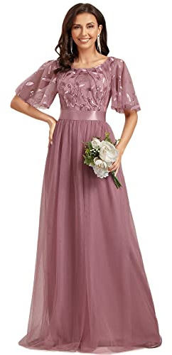 Ever-Pretty Women's Short Sleeve Embroidery Empire Waist A Line Floor Length Elegant Long Prom Dresses Orchid 18UK