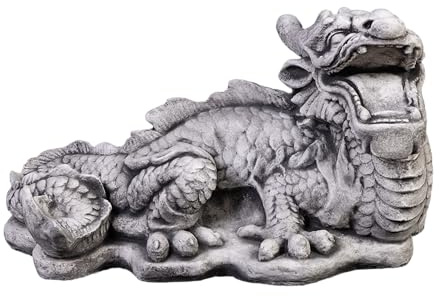 gartendekoparadies.de Chinesischer Drachen, Steinfigur, H. 28 cm, 15 kg, Grau, frostsicher aus Steinguss für Außenbereich